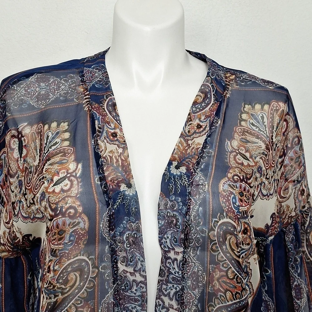 Umgee Blue Tan Bohemian 3/4 Wide Sleeve Boho Hippie Fringe Kimono Size S/M